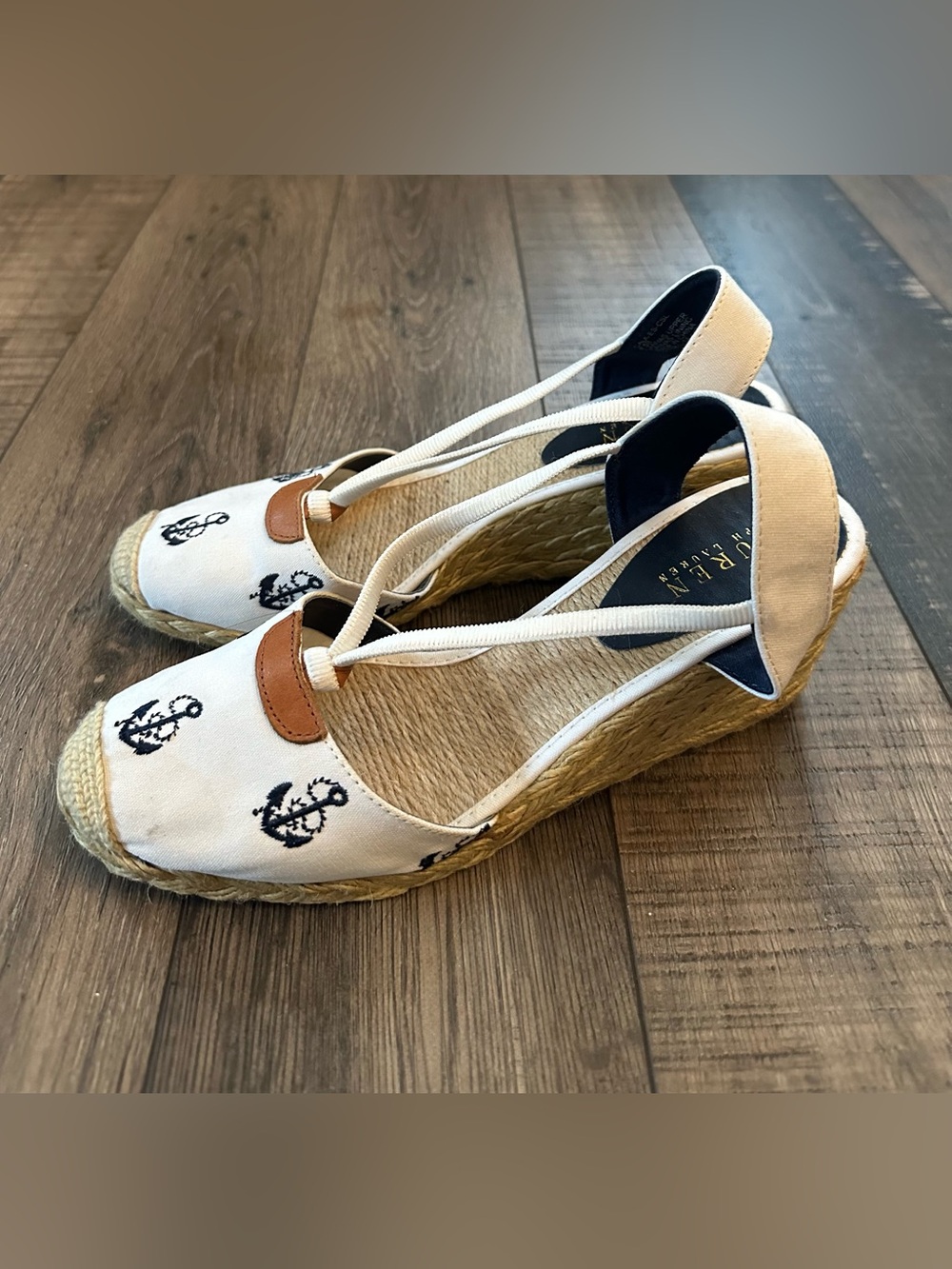 Lauren Ralph Lauren Cala Anchor Espadrille Wedges Cream Navy Blue 8.5 B
